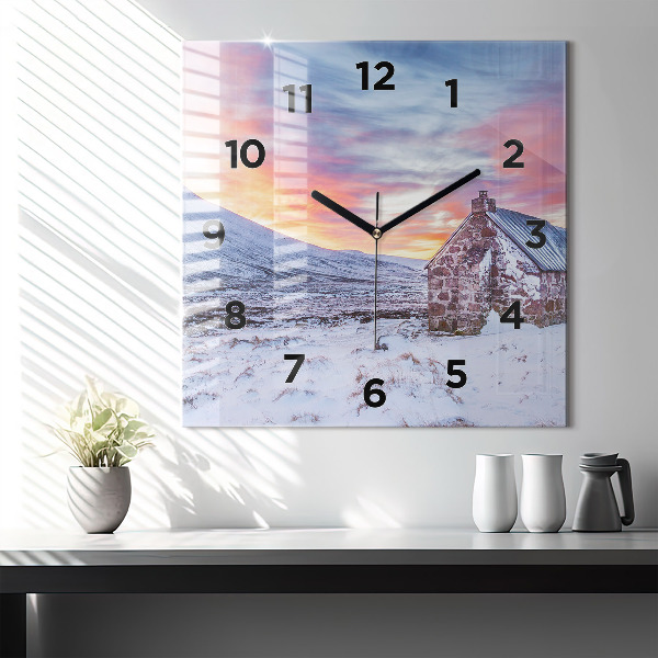Square glass wall clock Cottage in the mountains