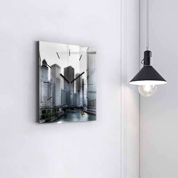 Square glass wall clock City panorama