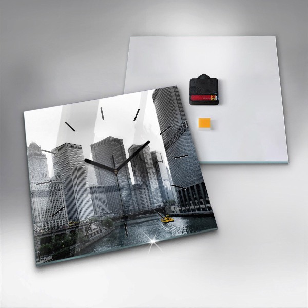Square glass wall clock City panorama