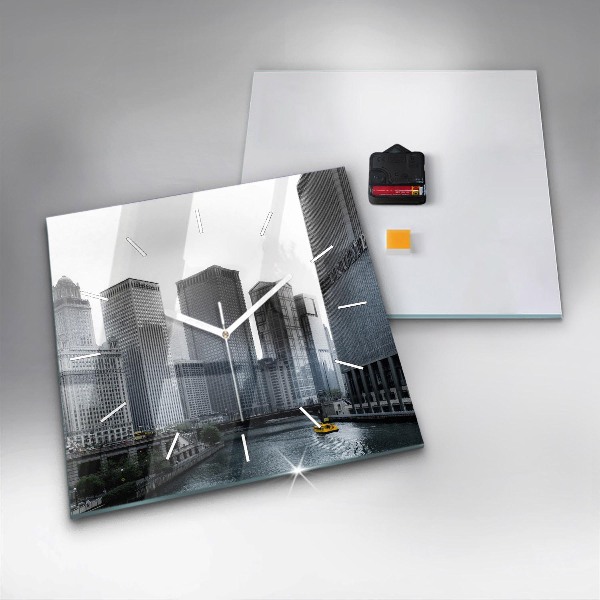 Square glass wall clock City panorama