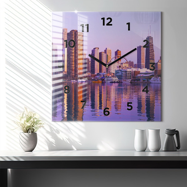 Square glass wall clock View of the skyscrapers of the USA