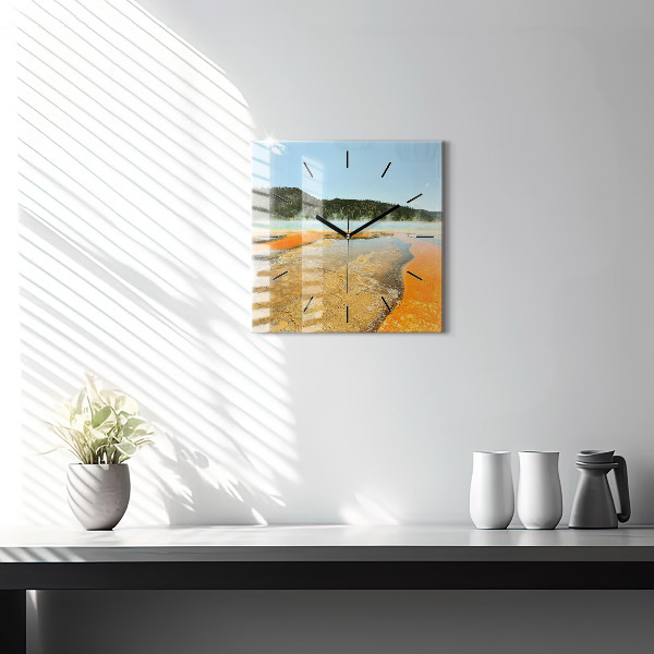 Square glass wall clock Lake with Mountains