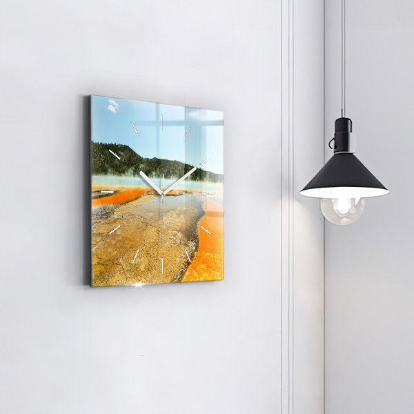 Square glass wall clock Lake with Mountains