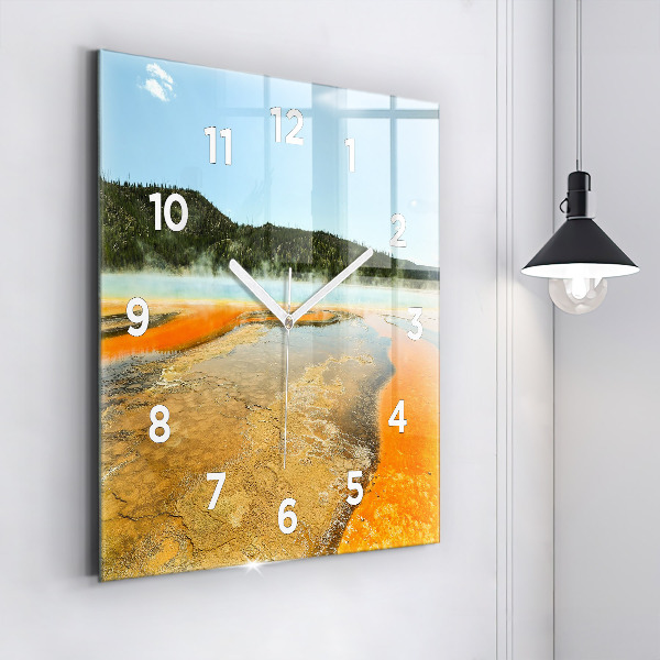 Square glass wall clock Lake with Mountains