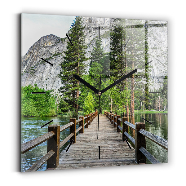 Square glass wall clock Yosemite Wooden Bridge