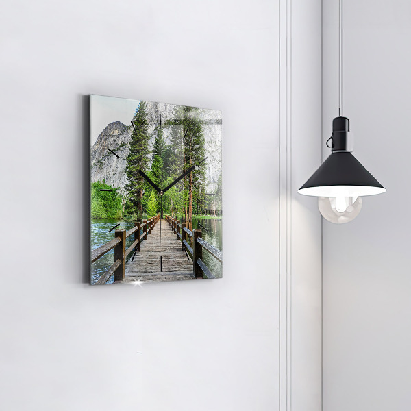 Square glass wall clock Yosemite Wooden Bridge