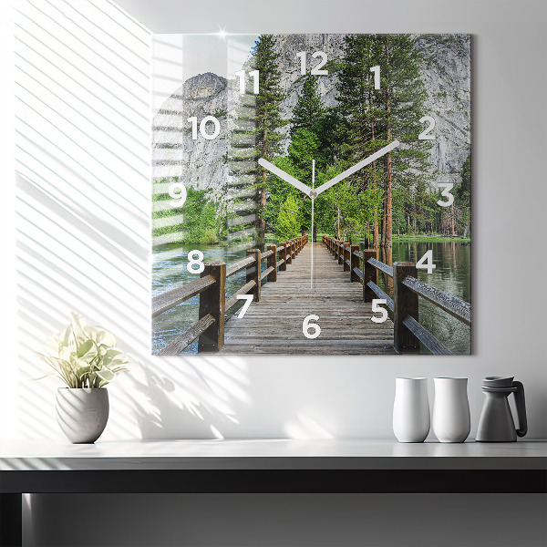 Square glass wall clock Yosemite Wooden Bridge