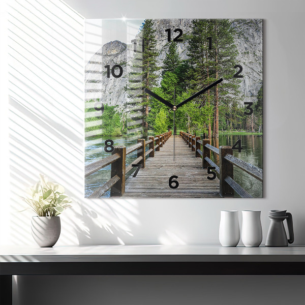 Square glass wall clock Yosemite Wooden Bridge