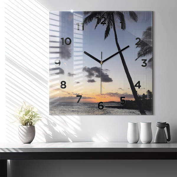 Square glass wall clock Palm tree and sunrise