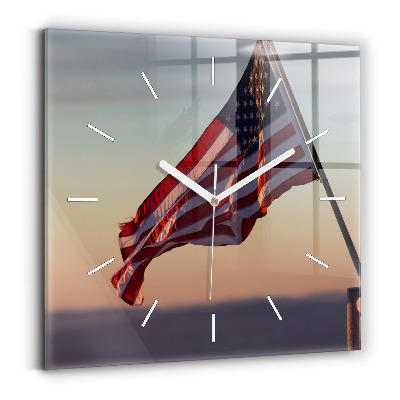 Square glass wall clock USA flag flying