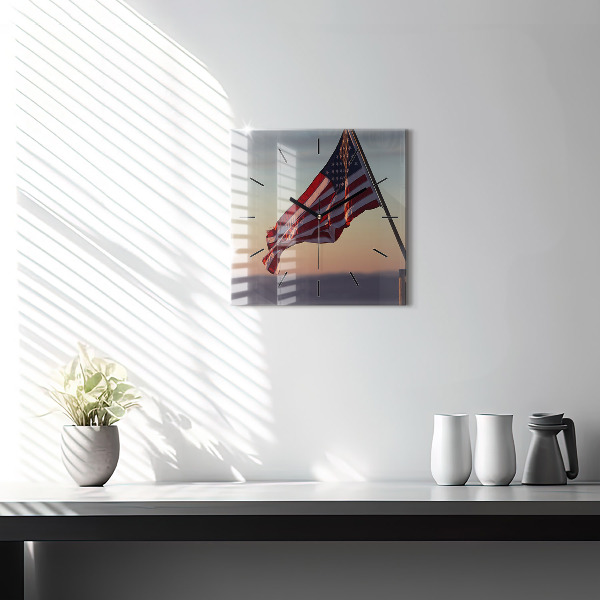Square glass wall clock USA flag flying