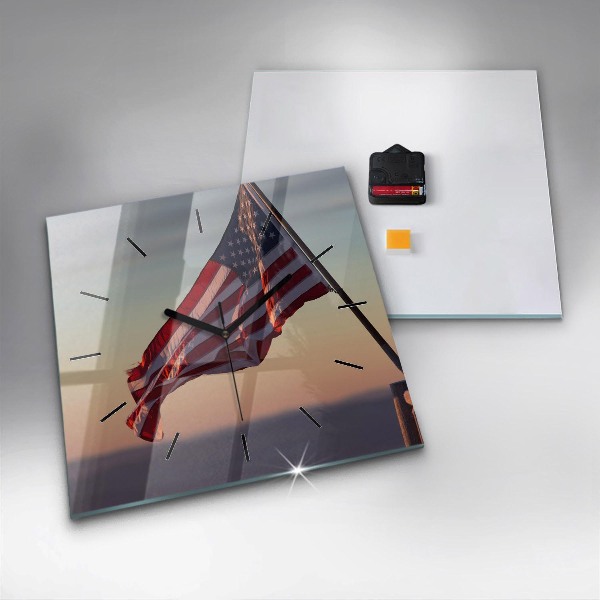 Square glass wall clock USA flag flying