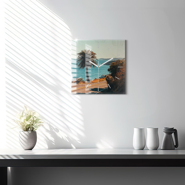 Square glass wall clock Palm trees in Malibu