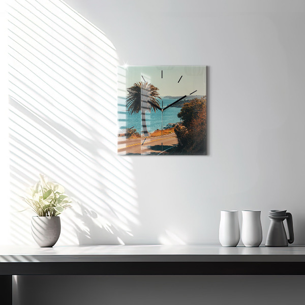 Square glass wall clock Palm trees in Malibu