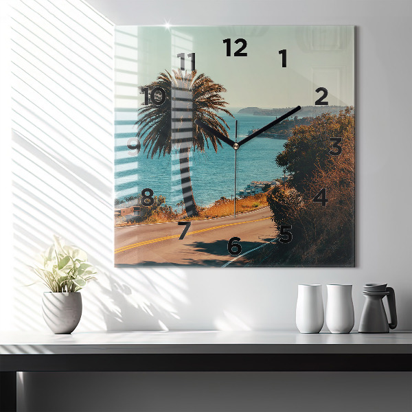 Square glass wall clock Palm trees in Malibu