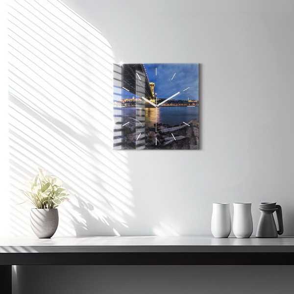 Square glass wall clock Rocky shore under the bridge