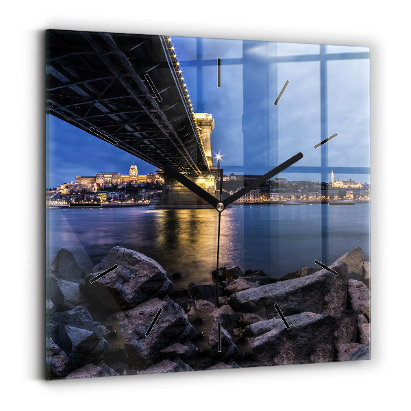 Square glass wall clock Rocky shore under the bridge