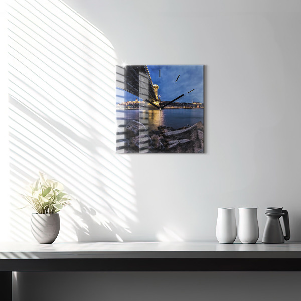 Square glass wall clock Rocky shore under the bridge