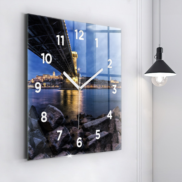 Square glass wall clock Rocky shore under the bridge
