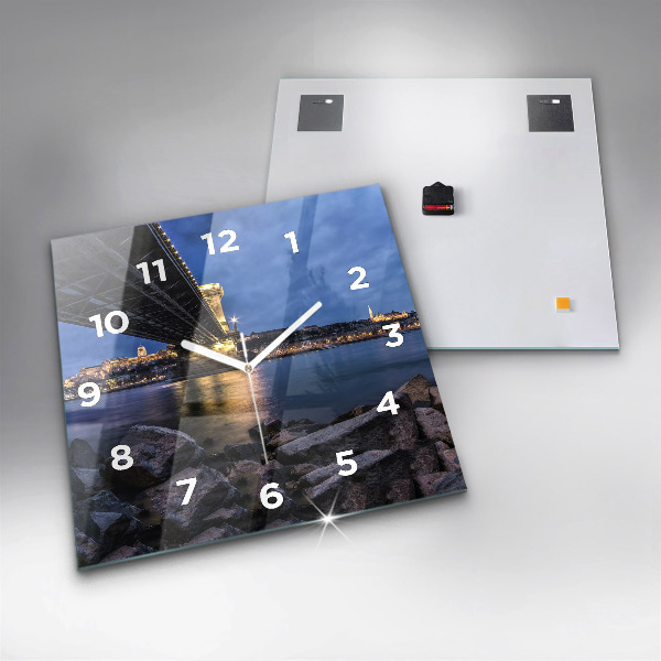 Square glass wall clock Rocky shore under the bridge