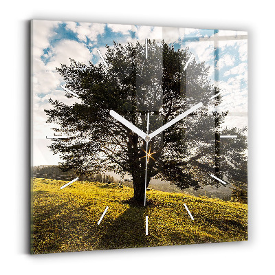 Square glass wall clock A tree on a hill