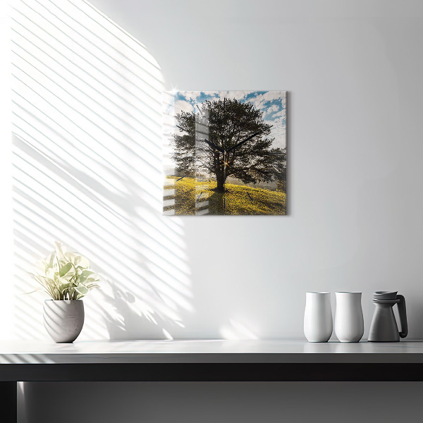Square glass wall clock A tree on a hill