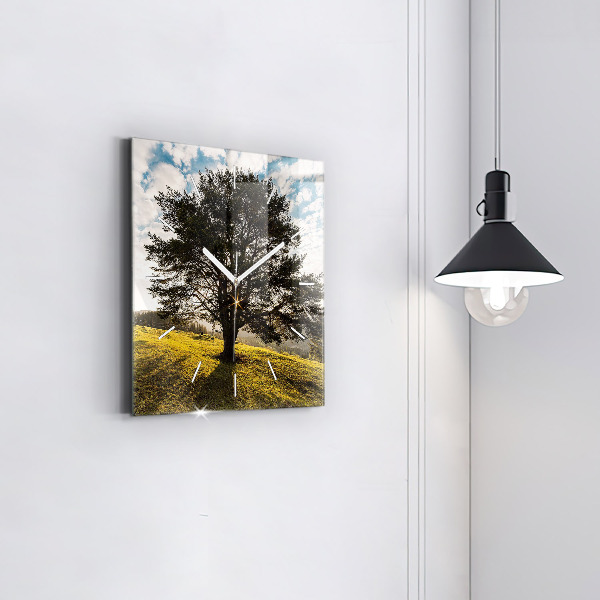 Square glass wall clock A tree on a hill
