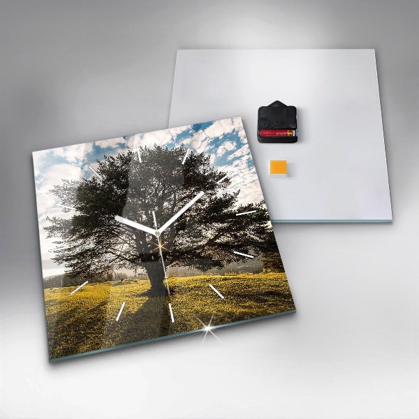 Square glass wall clock A tree on a hill