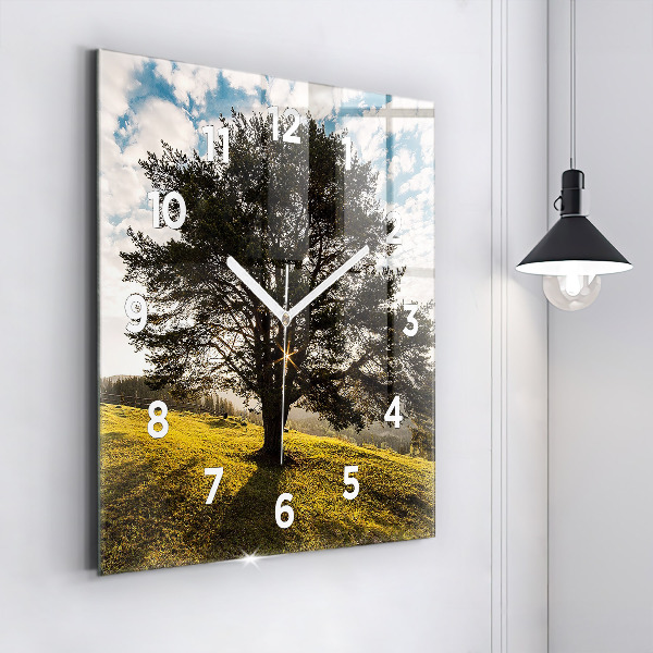 Square glass wall clock A tree on a hill