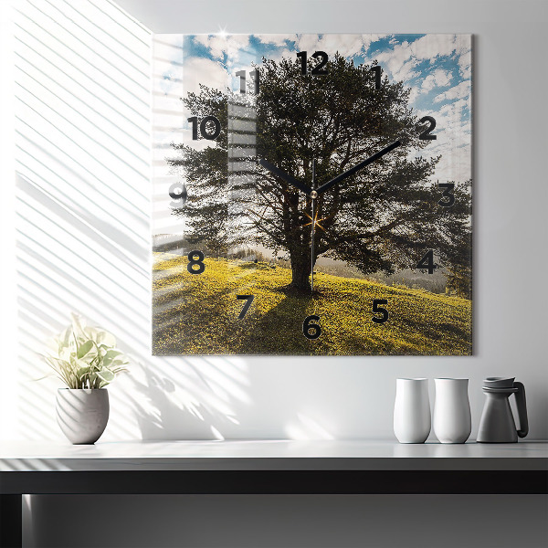 Square glass wall clock A tree on a hill