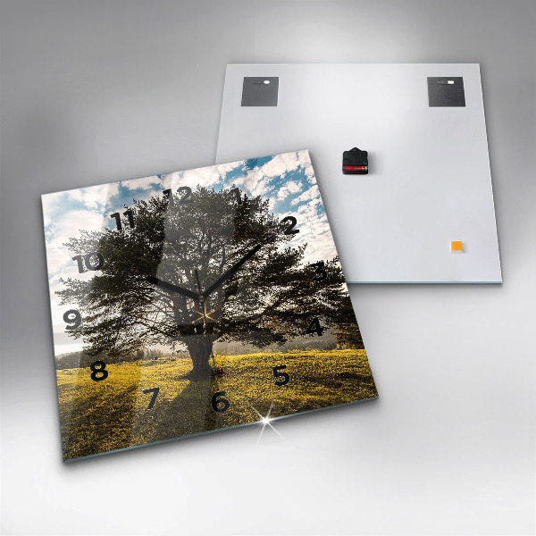 Square glass wall clock A tree on a hill
