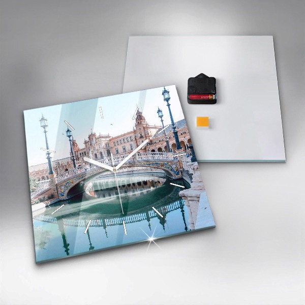 Square glass wall clock Plaza de Espana in Seville