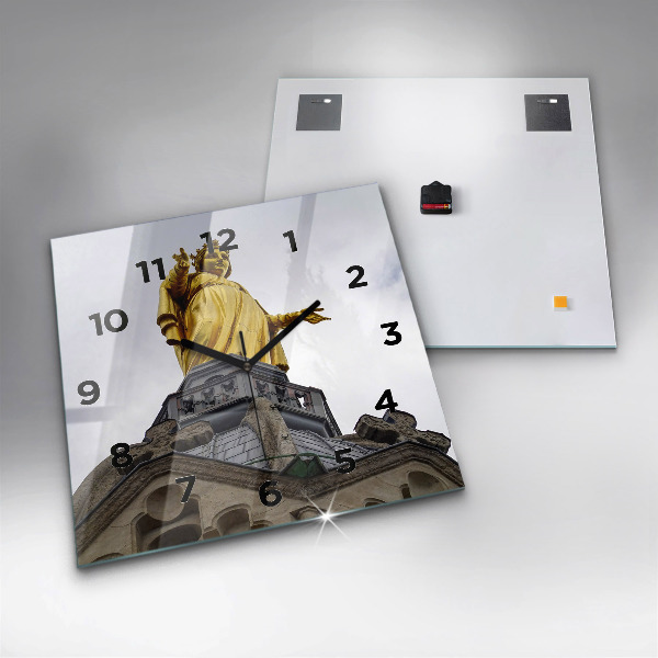 Square glass wall clock Statue of the Virgin Mary in Lyon