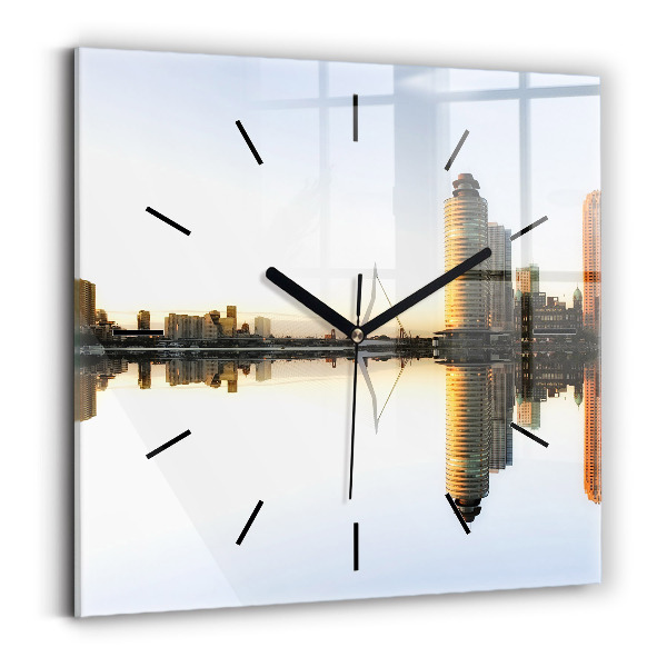 Square glass wall clock A city on the river