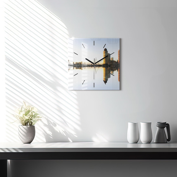 Square glass wall clock A city on the river