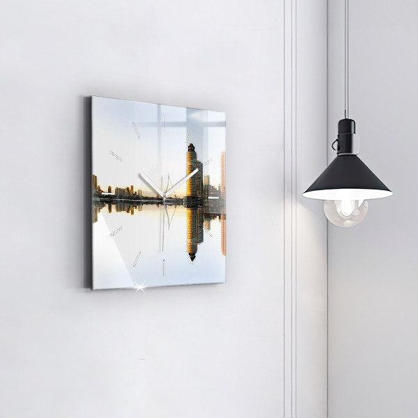 Square glass wall clock A city on the river