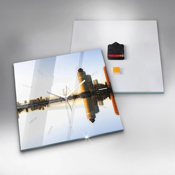 Square glass wall clock A city on the river