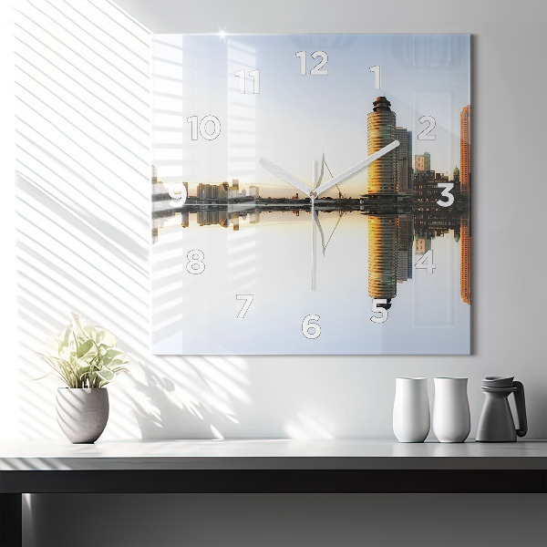 Square glass wall clock A city on the river
