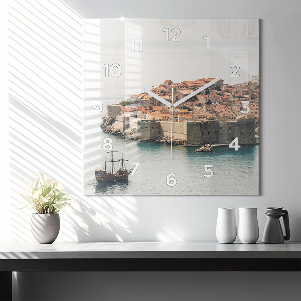 Square glass wall clock Sailing ship in Dubrovnik