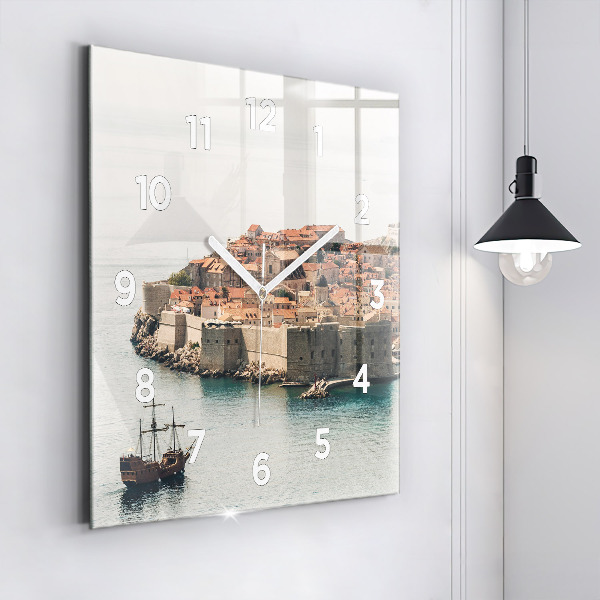 Square glass wall clock Sailing ship in Dubrovnik