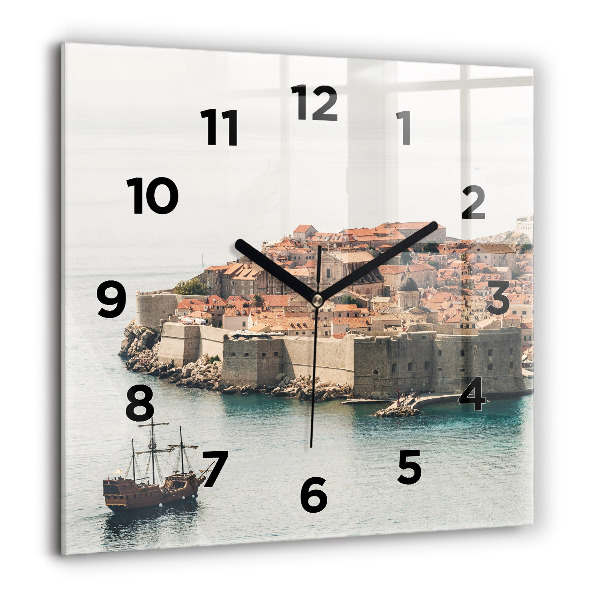 Square glass wall clock Sailing ship in Dubrovnik