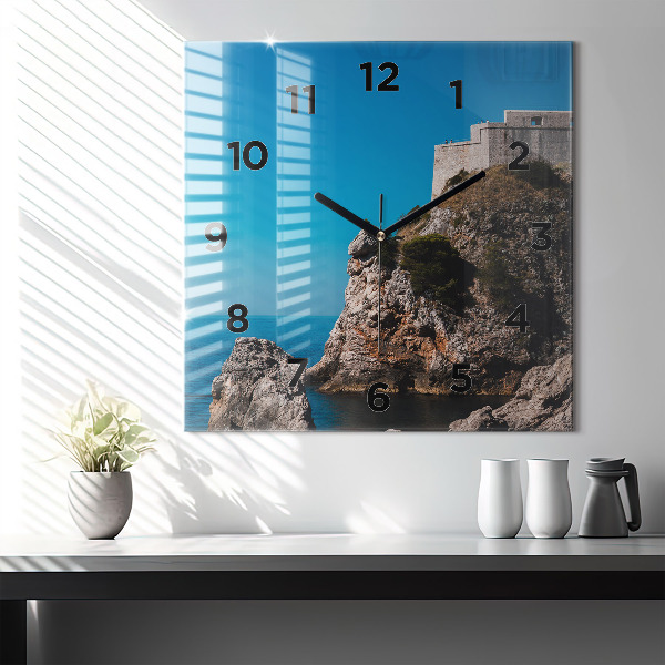 Square glass wall clock Cliffs in Dubrovnik
