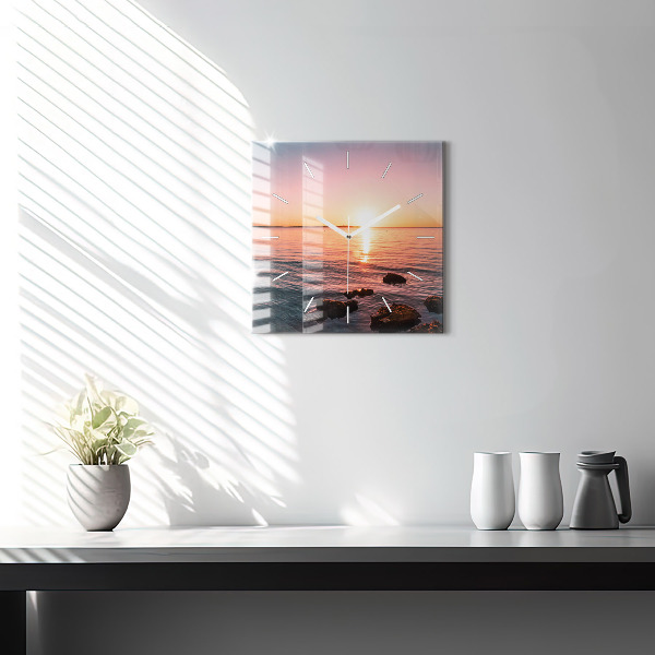 Square glass wall clock Rocks at sunset