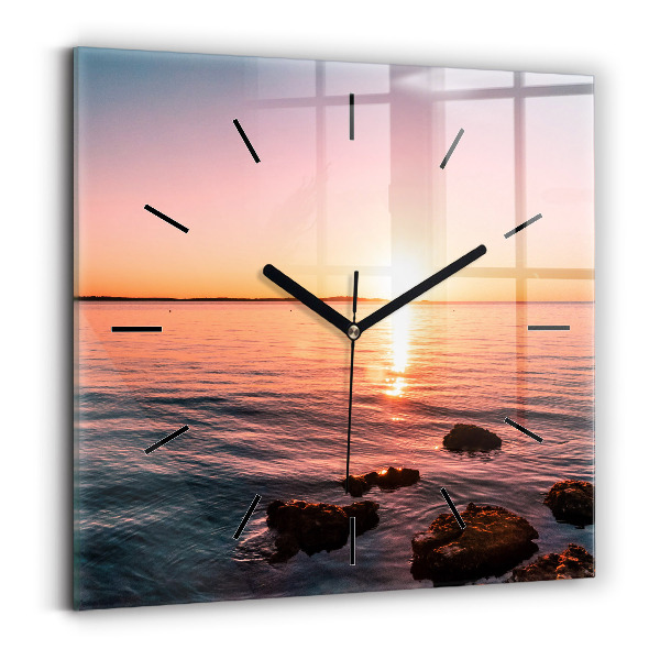 Square glass wall clock Rocks at sunset