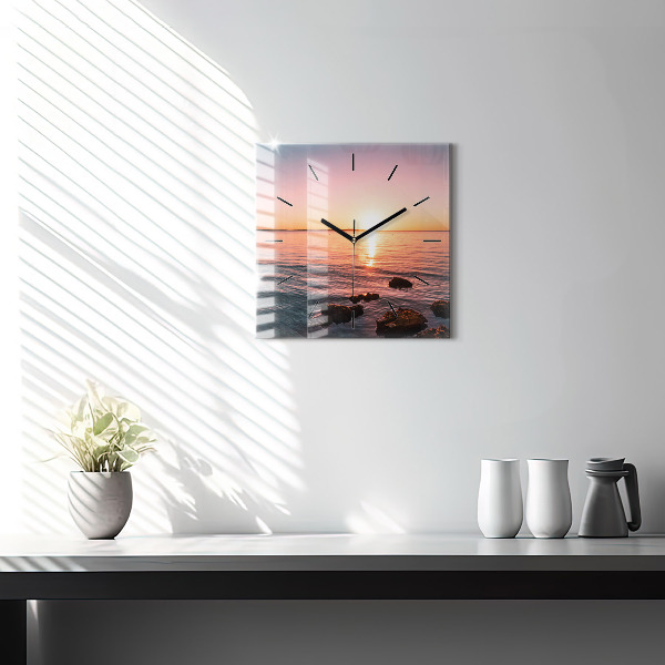 Square glass wall clock Rocks at sunset