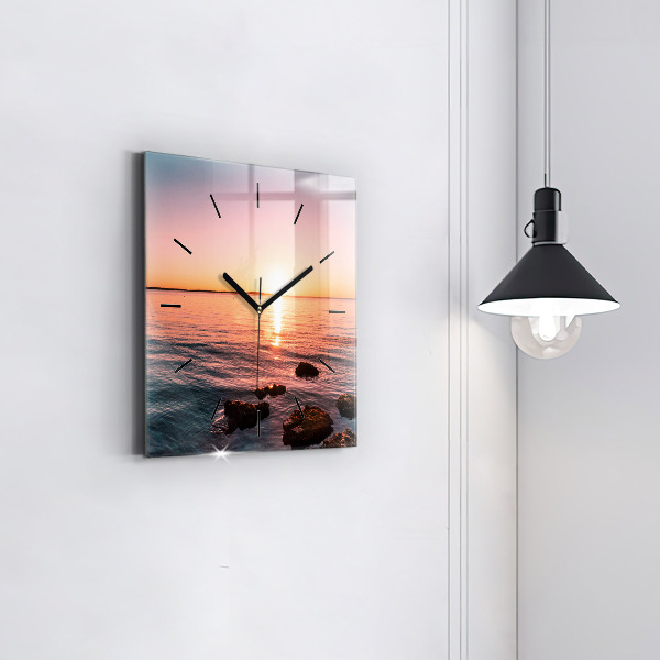 Square glass wall clock Rocks at sunset