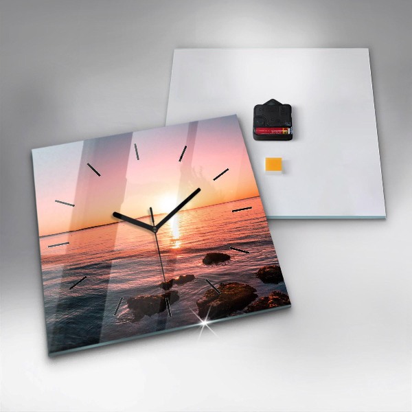 Square glass wall clock Rocks at sunset