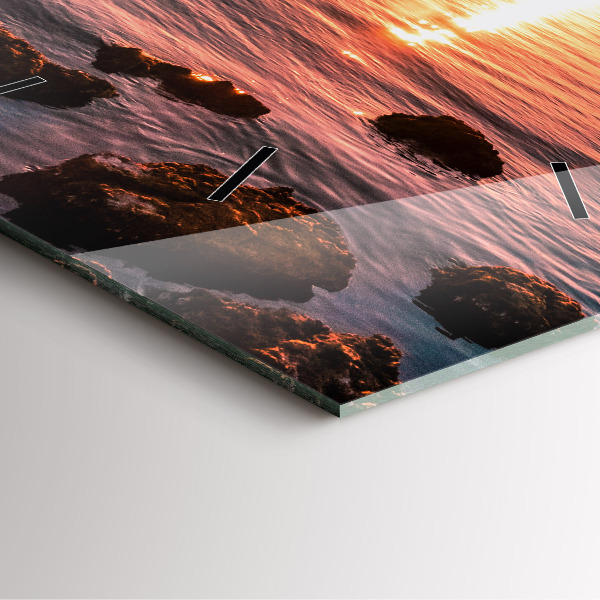 Square glass wall clock Rocks at sunset
