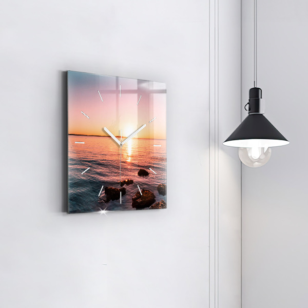 Square glass wall clock Rocks at sunset