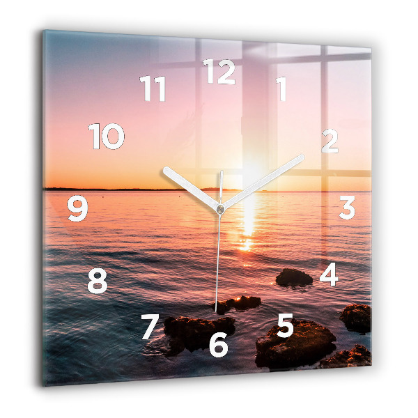 Square glass wall clock Rocks at sunset